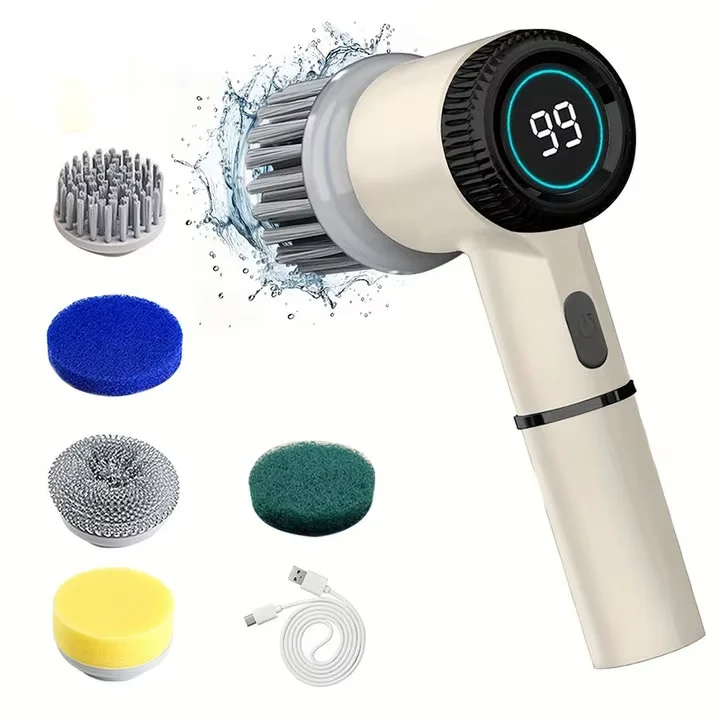 White Color Electric Spin Shower Scrubber With 5 Brush Heads